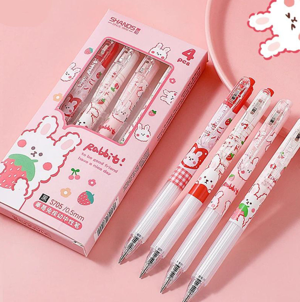 Cute Strawberry Rabbit Themed Gel Pens - Set of 4