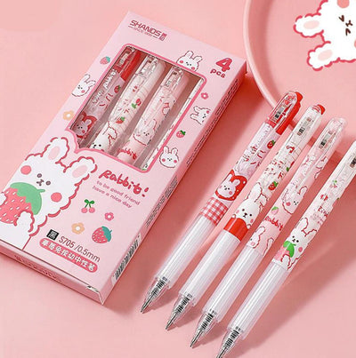 Cute Strawberry Rabbit Themed Gel Pens - Set of 4