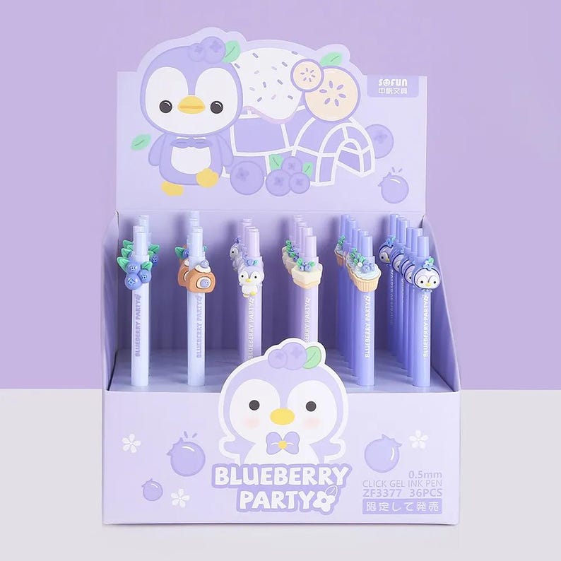 Kawaii Blueberry Penguin Gel Pens: Black Ink, 0.5mm Tip