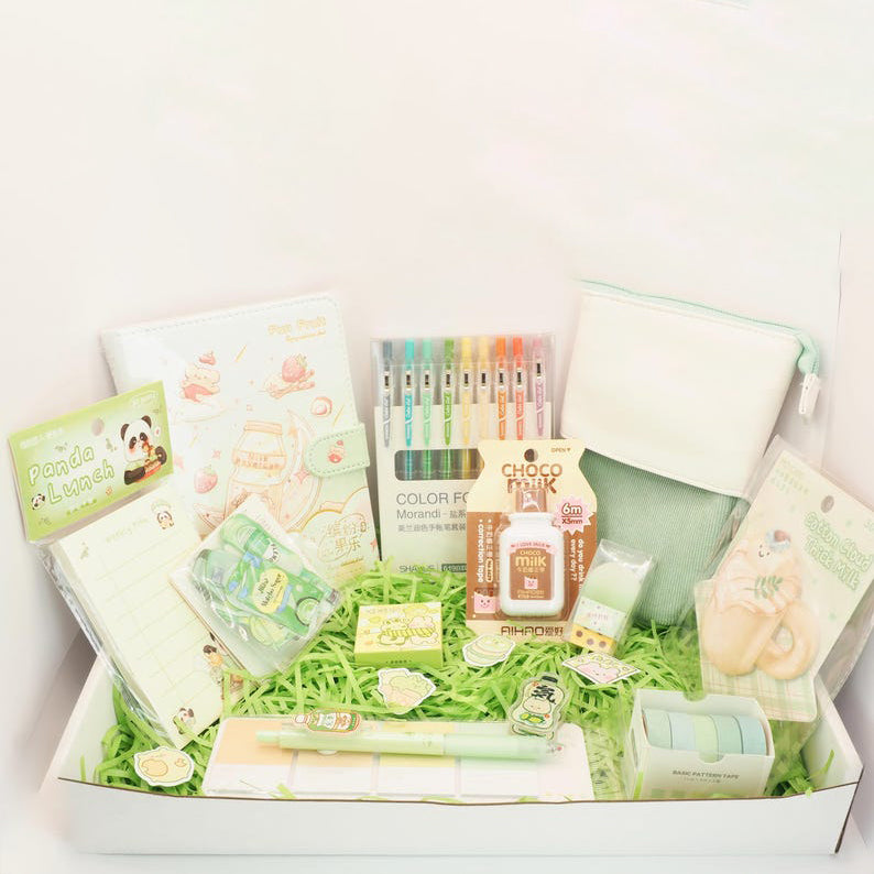 Kawaii Stationery Gift Set: Pencil Case, Notebook & Stickers - Green, Purple, Pink, Yellow.