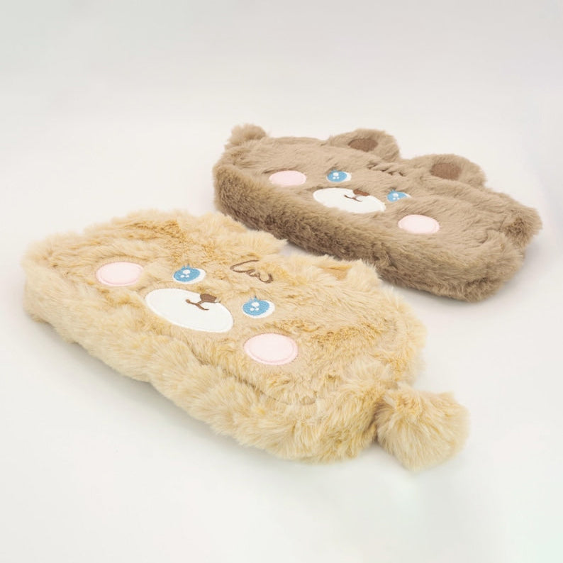 Fluffy Bear Pencil Case: Kawaii Stationery - Light Brown or Dark Brown