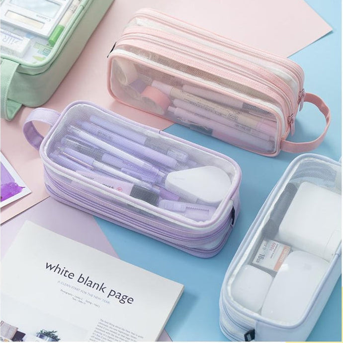 Large Mesh Pencil Case - Double Compartment, 6 Colors