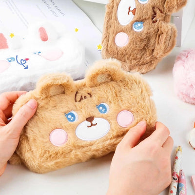 Fluffy Bear Pencil Case: Kawaii Stationery - Light Brown or Dark Brown