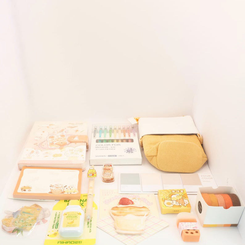 Kawaii Stationery Gift Set: Pencil Case, Notebook & Stickers - Green, Purple, Pink, Yellow.